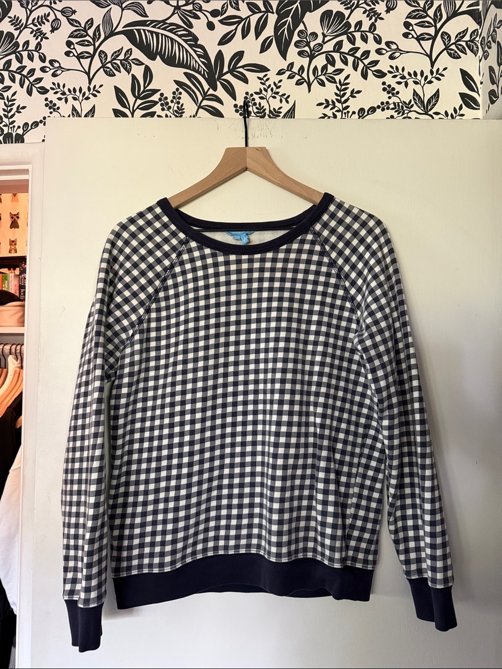 Draper James Navy and White Gingham Crewneck Sweater